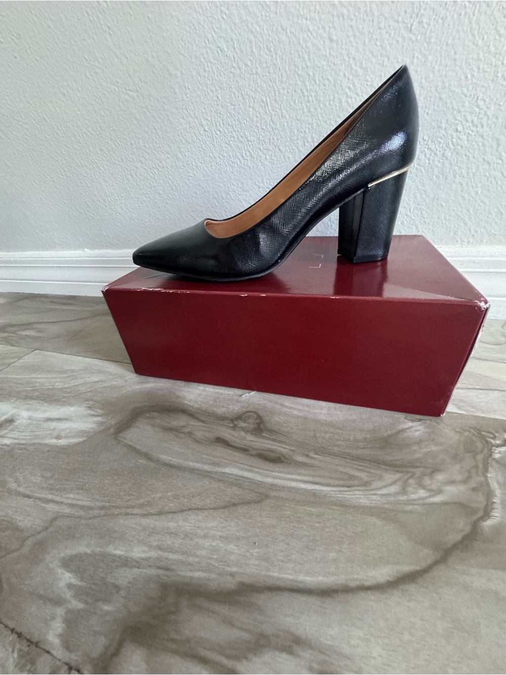 Native Shoes Black Block Heel Pointed Pumps with Gold Accent